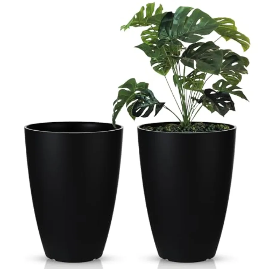 

Outdoor indoor 14-inch black round resin planters with drainage hole for porch patio garden deck living room decor