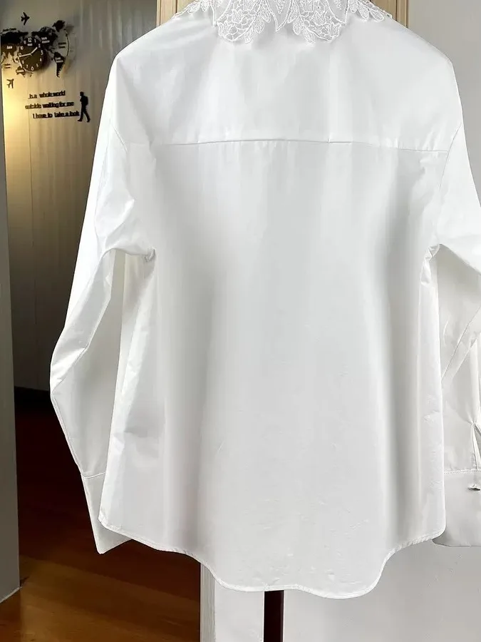 Korean Style Commuter Lace Collar Loose Women's Shirt Design Sensation  Breathable Comfortable Long Sleeve Pure Color