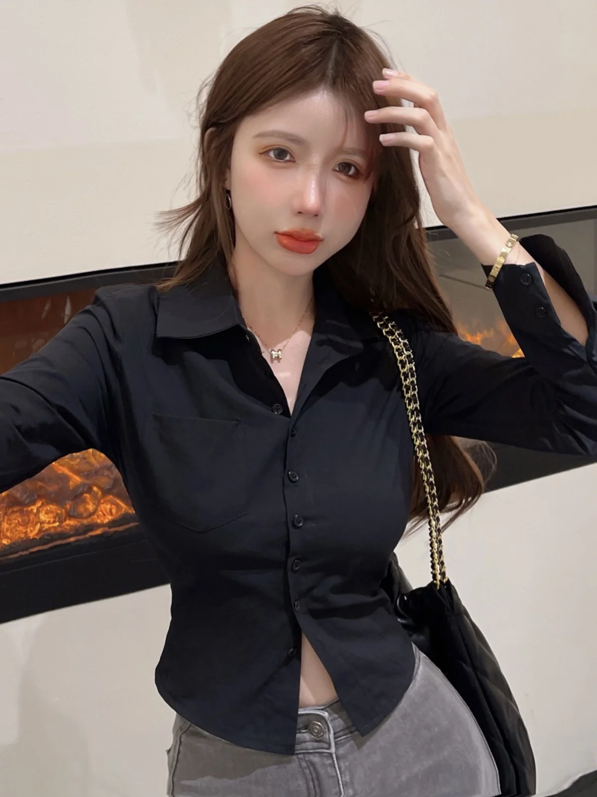 

Spring Autumn 2025 New JK ort Waist Inward Long Sve Women's irt Design Slimming Bla irt Small Figure Collar B...