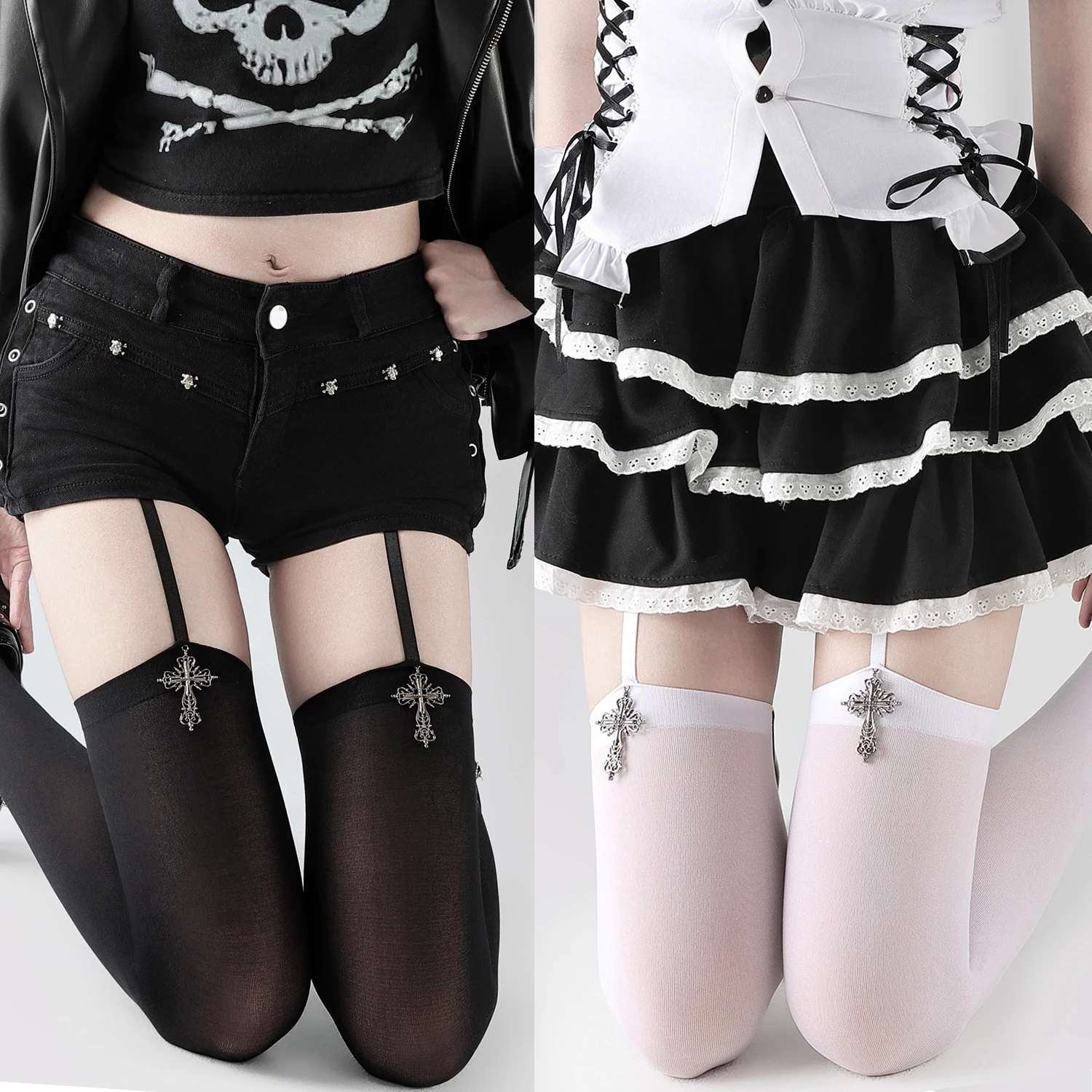 

Sexy Suspender Wide-banded Velvet Tights Lolita Thin Thigh High Stockings with Garters Y2K JK College Style Over The Knee Socks