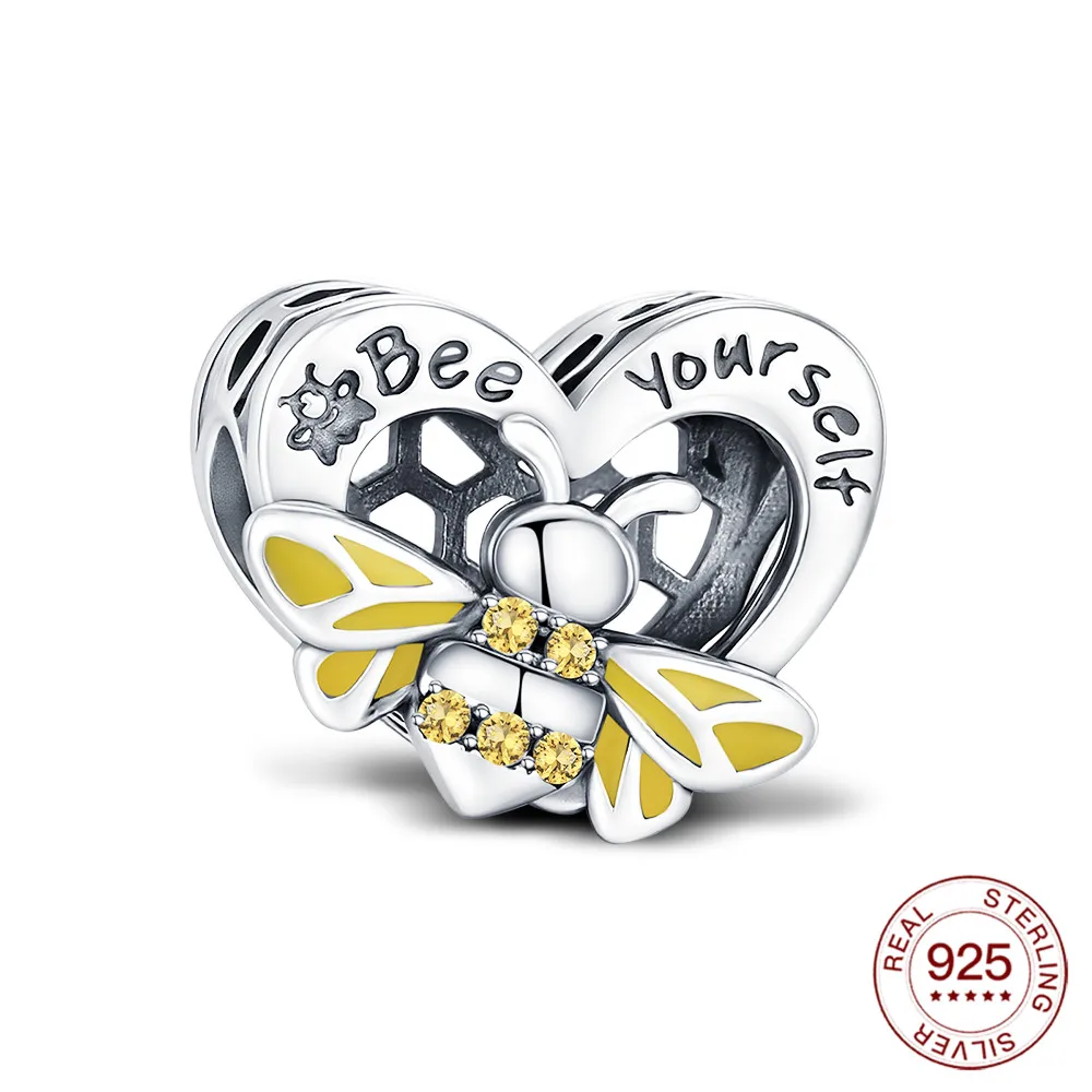 

New Hot Sale Charms Bead 925 Sterling Silver Bee Yourself Bee Heart-shaped Charm Fit Bangle Bracelet Necklace DIY Jewelry