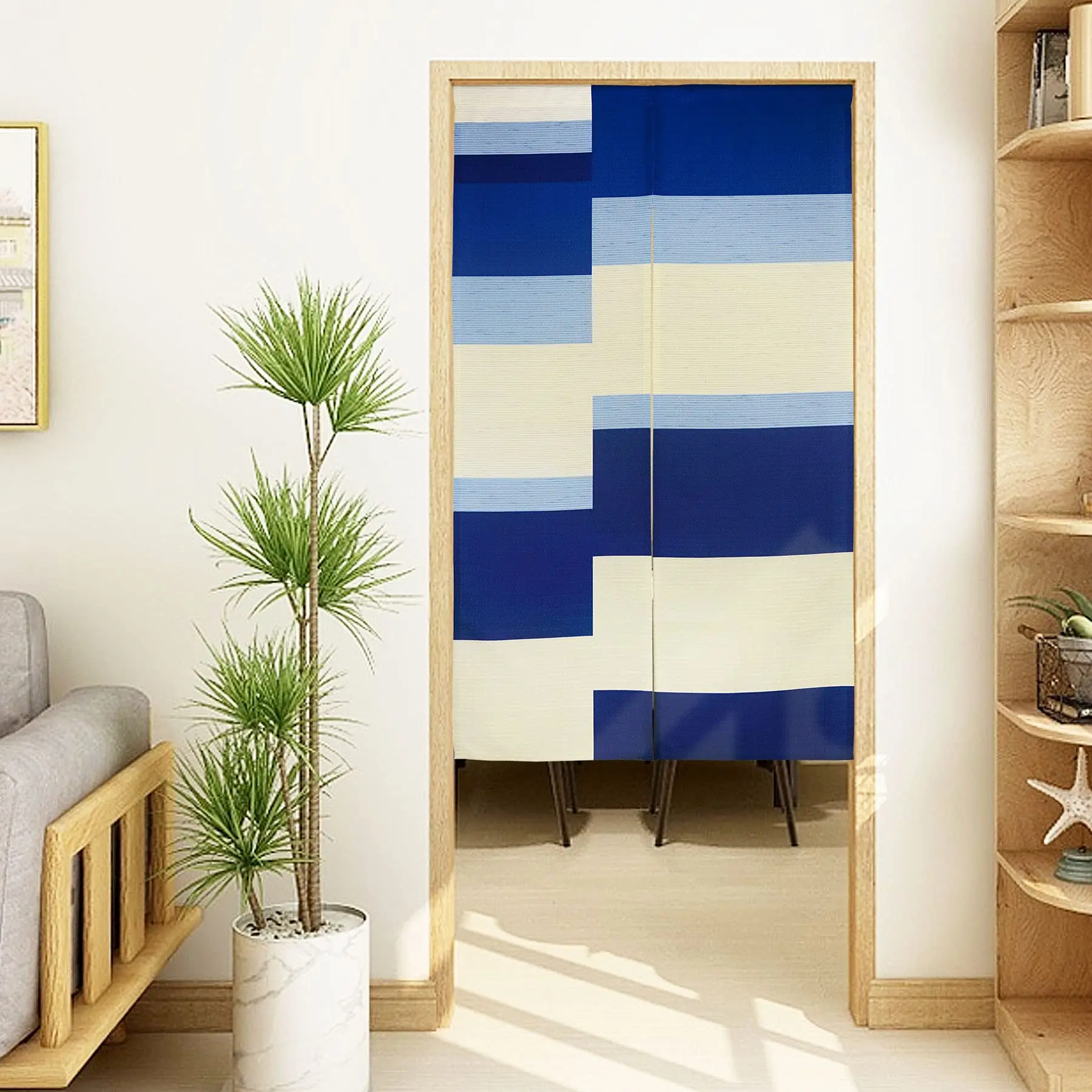 Long Blue Off White Noren Japanese Style Doorway Curtain Modern Abstract Stripe Geometric Printed Door Tapestry Divider Curtains