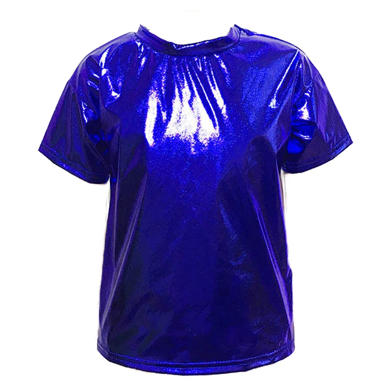 Child Adult Costume Short Sleeve T-shirt Women Shiny Metallic Tee Rave Dance Festival Clubwear Tops Scoop Neck Holographic Top