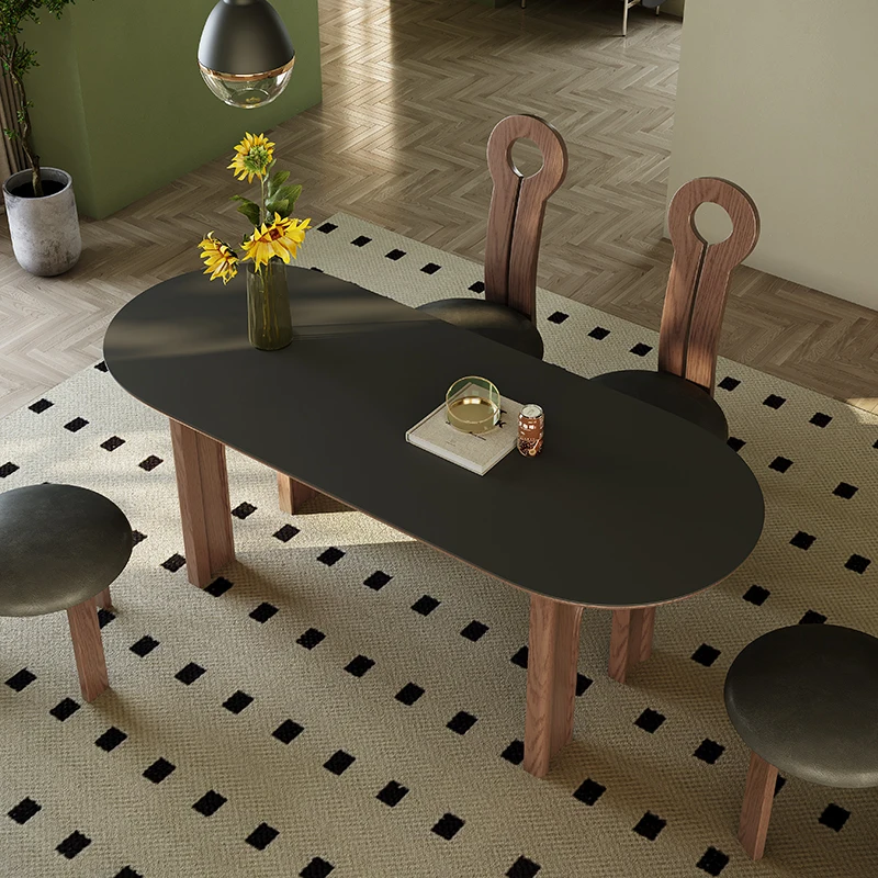 HXL French retro rock slab dining table designer small apartment living room household Chinese oval solid wood dining table