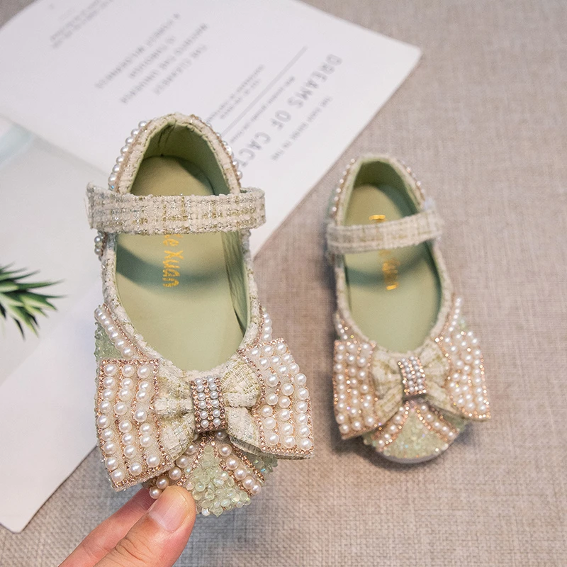 2023 New Simple Girls Mary Janes for Party Wedding Shows Korean Wind Sequined Pearls Chic Children Fashion Casual Shoes Princess