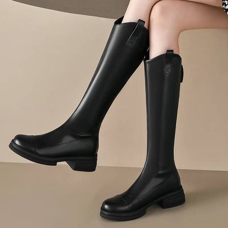 

Thick High Heels Women Knee-High Boots Round Toe Zipper Casual Shoes Woman Autumn Winter Motorcycle Boot Size 34-43