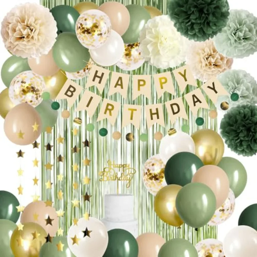 

Sage Green Birthday Decorations Olive Green Happy Birthday Party Decorations Nude Retro Gold Balloon Banner Paper Pom Poms Gree