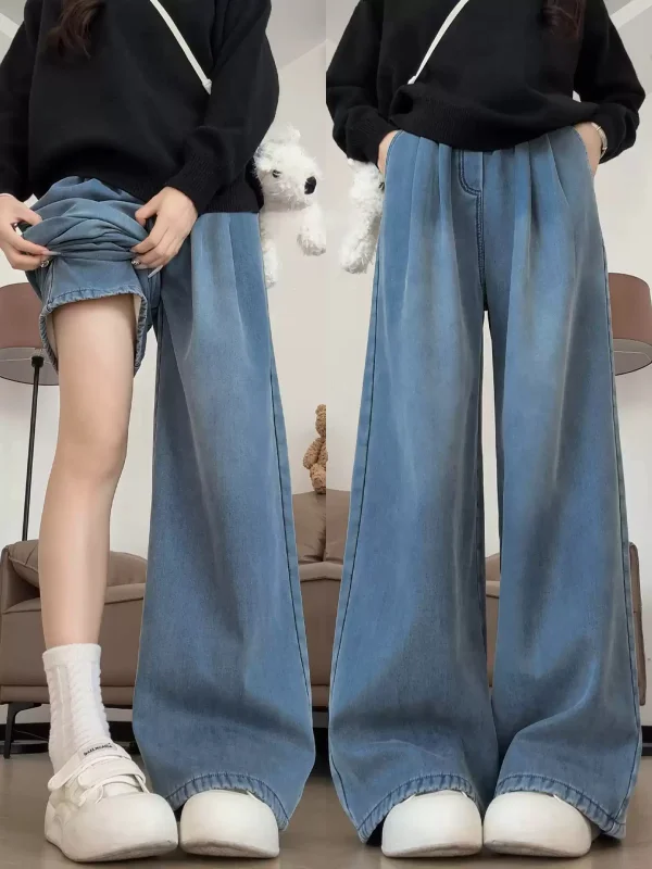 

Свободные прямые джинсы, женские зимние новые джинсы с эластичной резинкой на талии, большие размеры, широкие брюки на подкладке, повседневные брюки с высокой талией