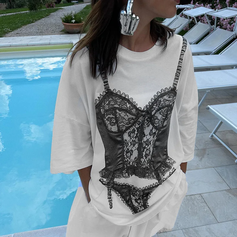 2026 Summer New Contrasting Lace Underwear Printed Round Neck Short-sleeved Loose Top T-shirt