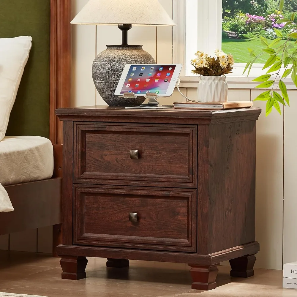 

Farmhouse Nightstand with Charging Station, Rustic Low Night Stand with 2 Drawers, Mid-Century Modern End Table with 4 Square So