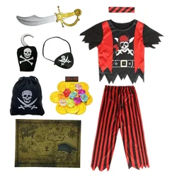 Kids Pirate Skull Dress Up Costume Printed Striped Top Pants Set Anime Cartoon Captain Jack Halloween Cosplay Pirate Toys Gift