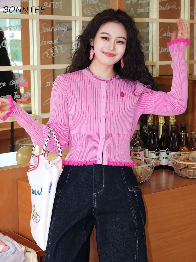 

Cardigan for Women Knitted Korean Fashion Fungus Design All-match Cropped Autumn Long Sleeve Popular Daily Slim Fit Clothing