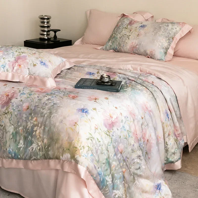 Printed 100% Lyocell Fiber Air Condition Quilt Smooth Flower Summer Cooling Quilts Luxury Skin-Friendly Naked Sleeping Comforter