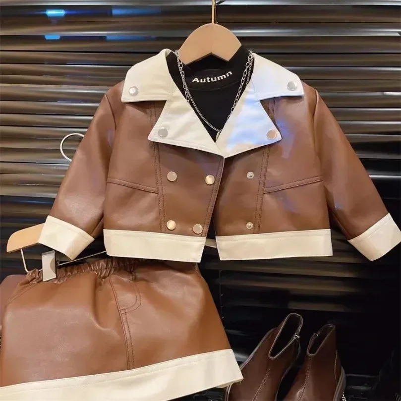 Girls Clothes Sets Spring Autumn Children Leather Jackets 2024 Skirts 2pcs Party Dress Suit for Baby Outfits Kids 7 Year