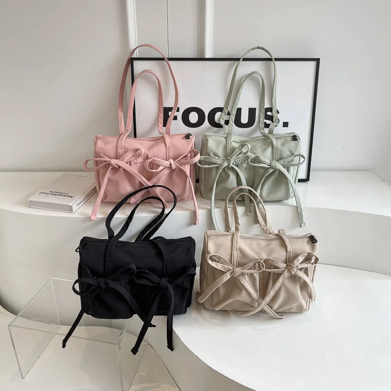 2024 New Bow Tote Bag High End High Capacity Shoulder Bag Women\'s Simple Solid Color Commuting Underarm Bag