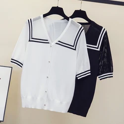4XL Oversized Summer kintting hollow out T-shirt 2023 short sleeve v neck Stripe sexy thin sweater pullover sueters de mujer