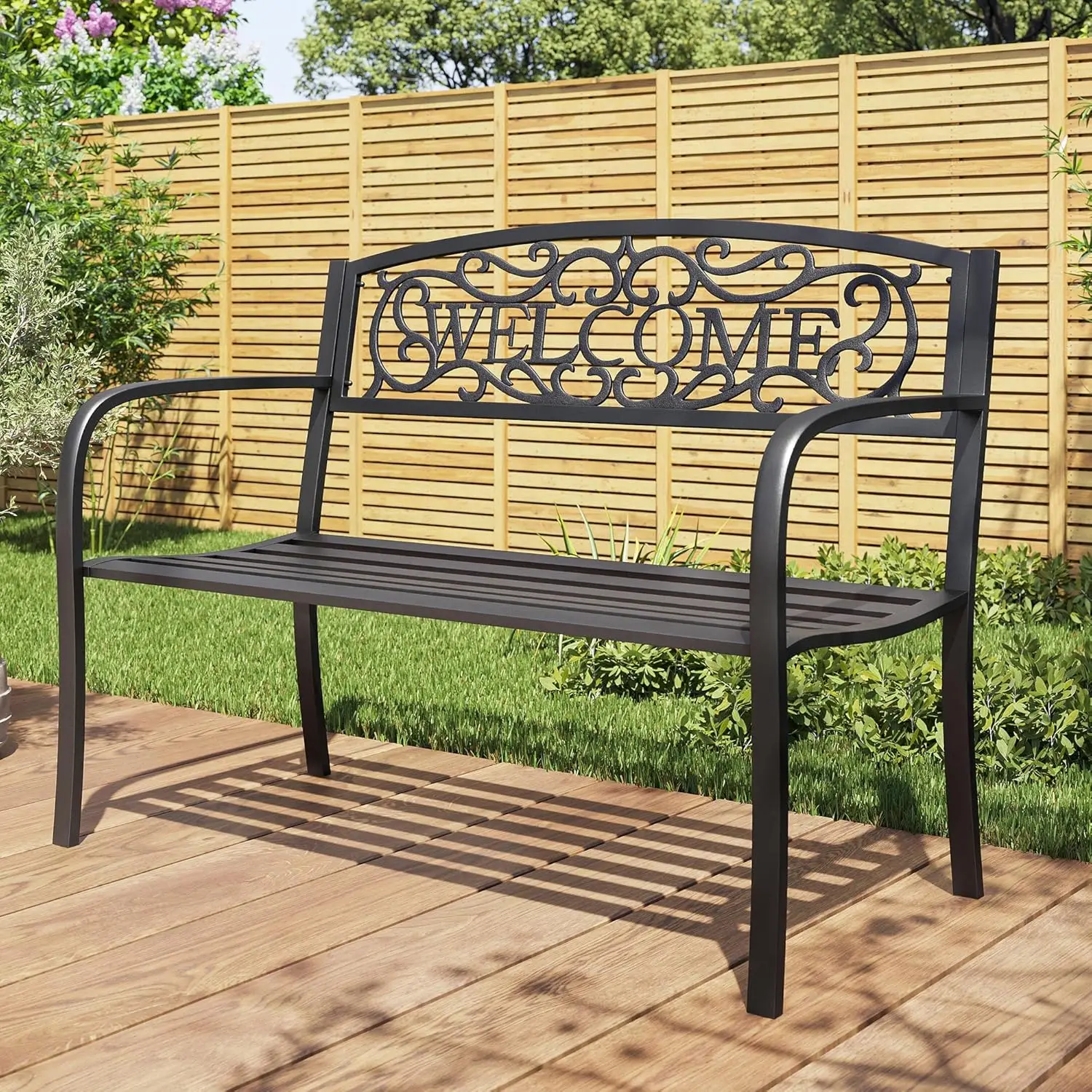 Outdoor Garden Bench, 50 inch Cast Iron Metal Loveseat Chairs with Armrests for Park, Yard, Porch, Lawn, Balcony, Backyard,