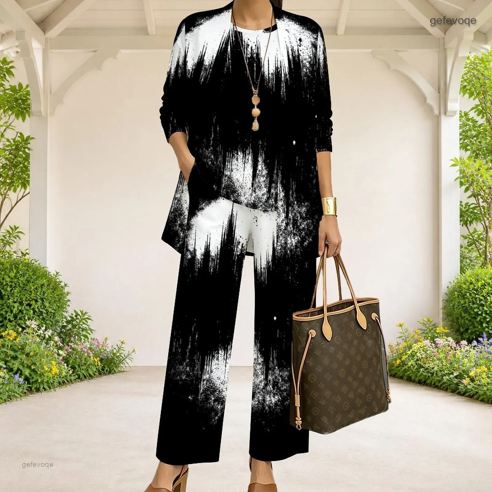 Women Black White Abstract Geometric Printed Long Sleeve Open Front 3 Piece Pants Set - view 2