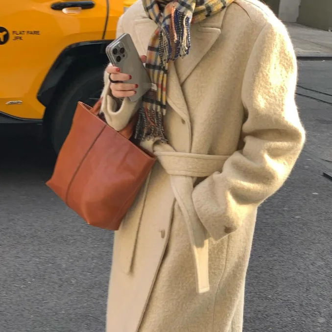 

Двубортное длинное шерстяное пальто с поясом, однотонная осенне-зимняя верхняя одежда, однобортное китайское производство