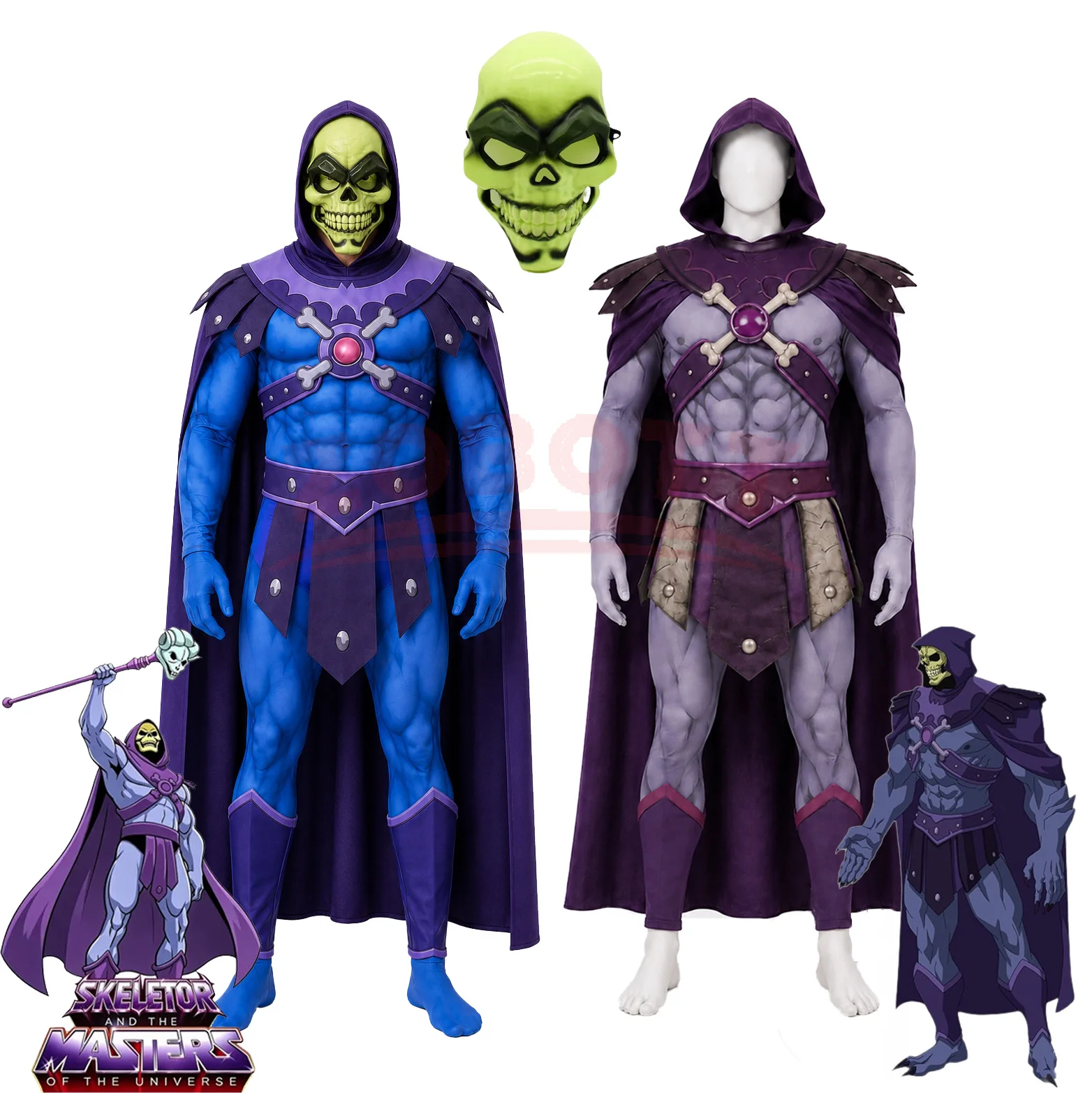 Skelettkönig Cosplay-Kostüm Skeletor Verkleidung Kleidung Umhang Overall Gürtel für Erwachsene Outfits Halloween Karneval Party Anzug