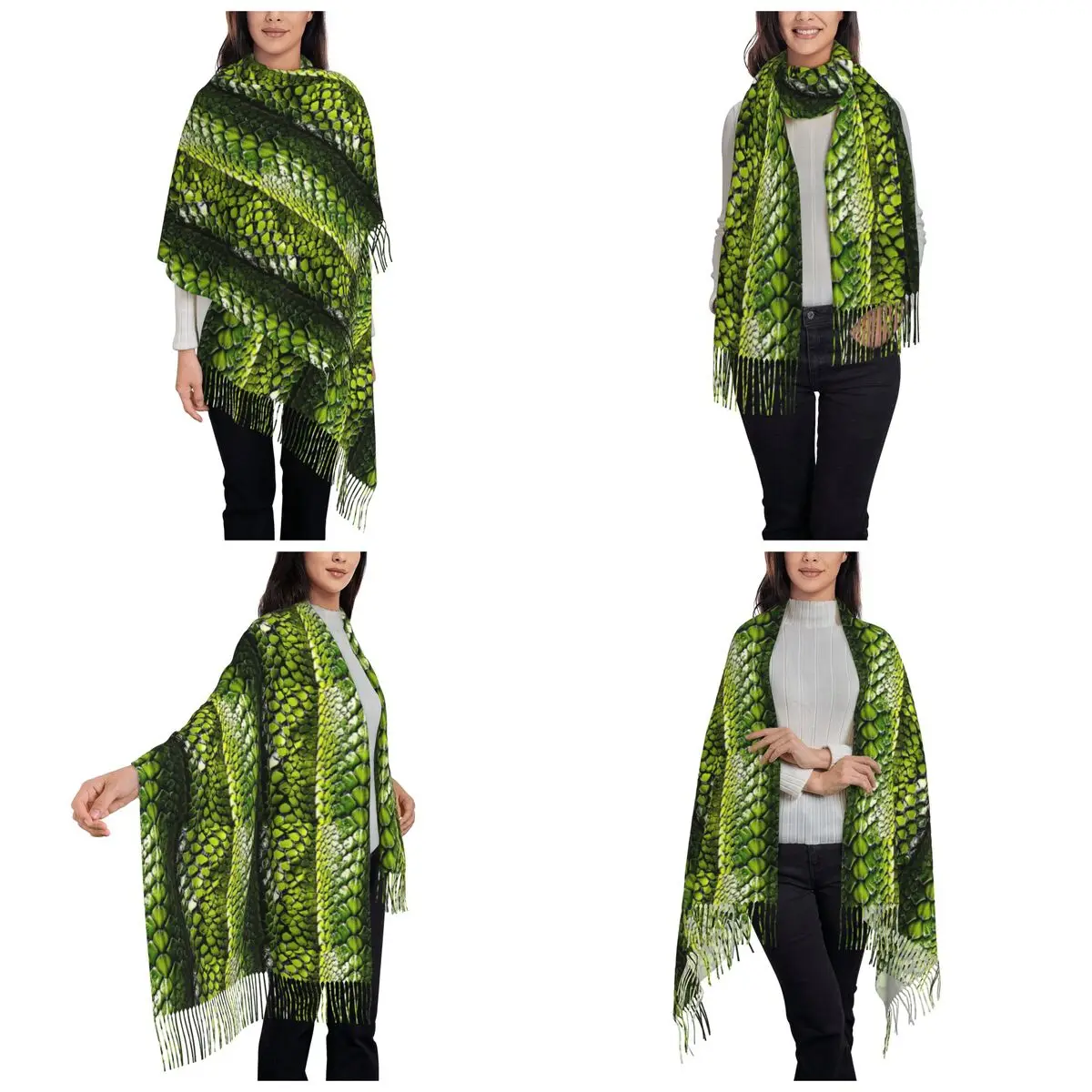 Snake Skin Green Snake Serpent Animal Print Viper Fashion Tassel Scarves Women Shawls and Wraps Long Fall Winter Shawl Wrap