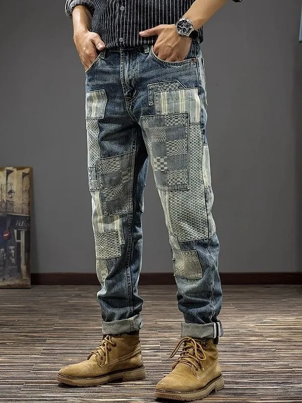

American Sle Patchwork Waed Slim Fit Men's Jeans Straight Leg Casual Long Pants Autumn Trendy Brand Distred Jeans
