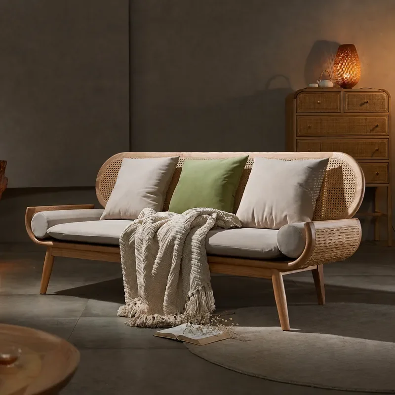Nordic Solid Wood Real Rattan Sofa 3 Seater Small Apartment Simple Modern Living Room Leisure Sofa Chair for Home