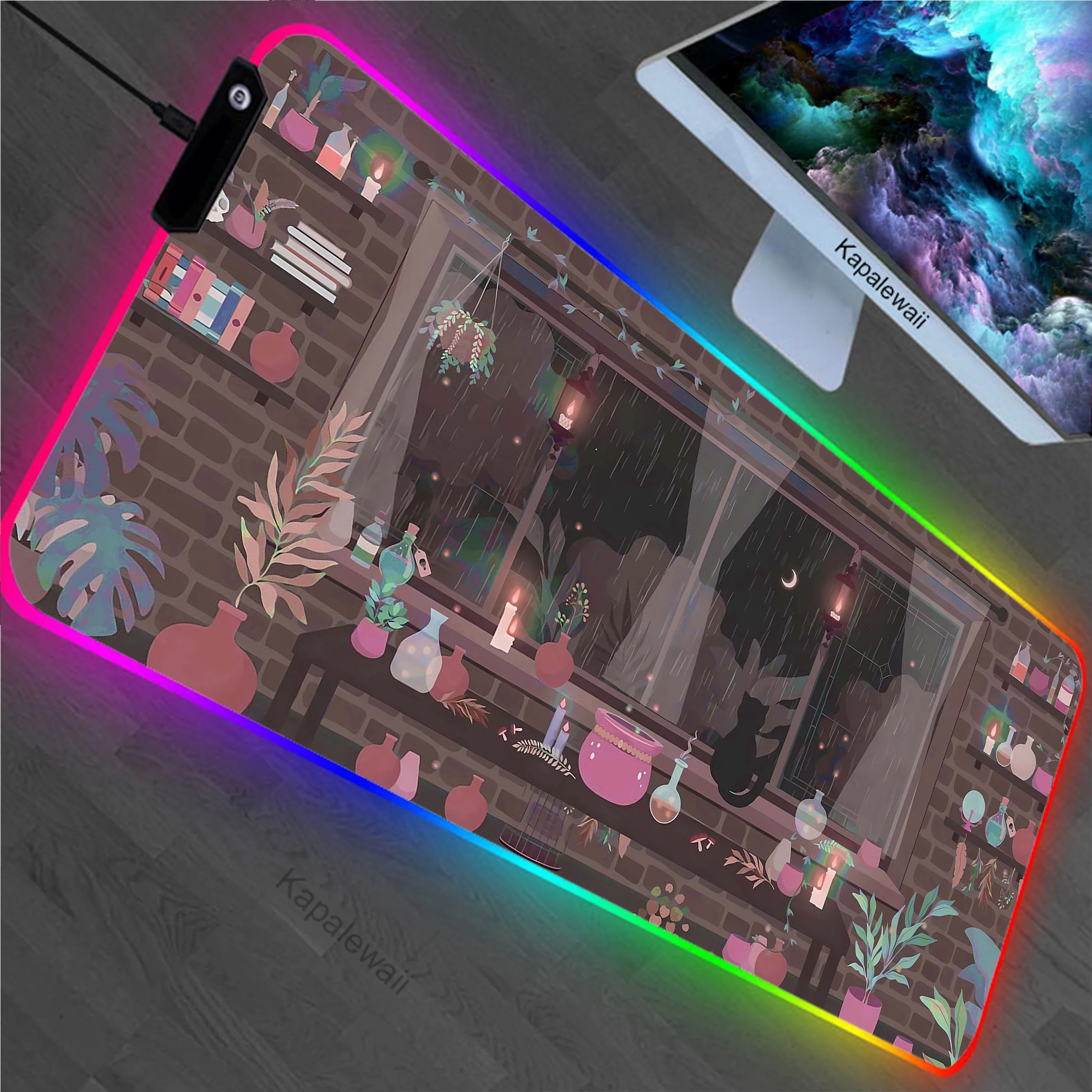 Cat Plant RGB LED Large Mousepad XXL Notebook Office Mouse Pad Gaming Carpet Locking Edge Mouse Mat Anti-slip Game Keyboard Pads