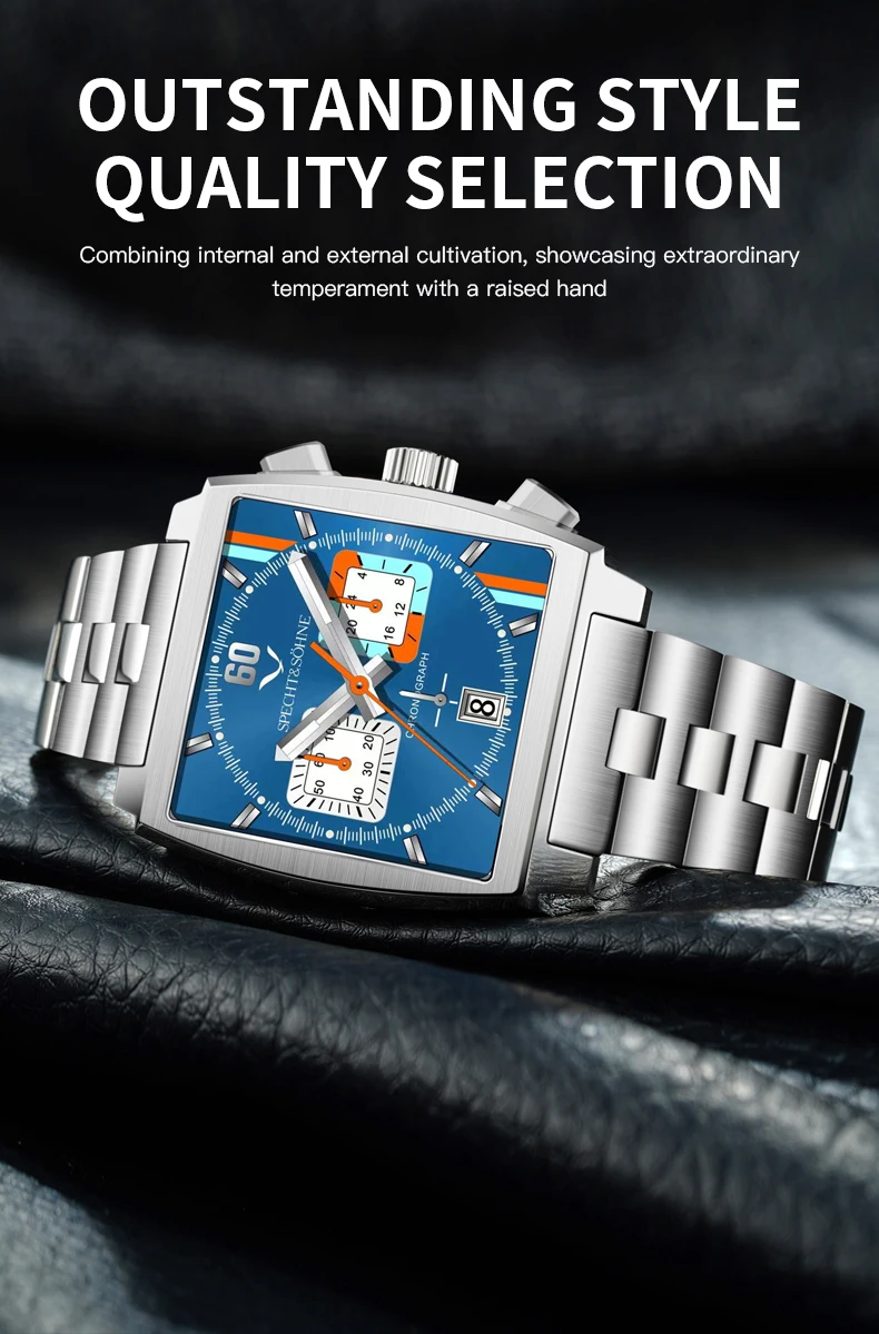 Specht & Sohne New Classic Men's Quartz Watch Blue Color Stainless Steel Japan VK63 Movt Genuine Leather Montre Homme 39MM