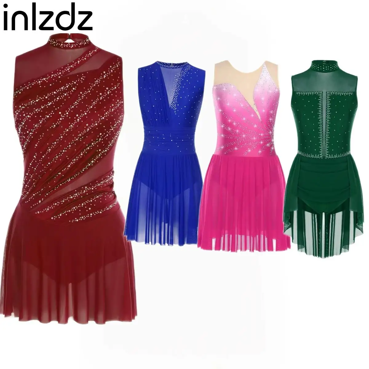 

Glittery Rhinestone Ballet Lyrical Dance Leotard Dress Womens Sleeveless Figure Skating Costume for Gymnastics Stage Performance