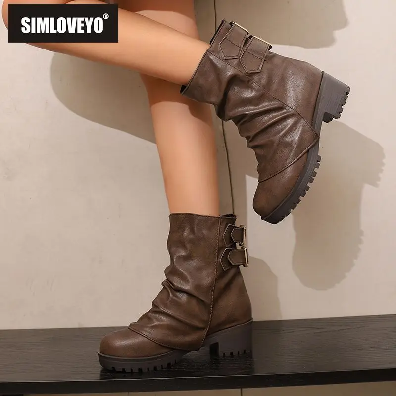 

SIMLOVEYO 2025 женские ботильоны с круглым носком, прочные блочные каблуки, платформа 4,5 см, 2,5 см, без шнуровки, пряжки на ремне, большие размеры 43 44 45