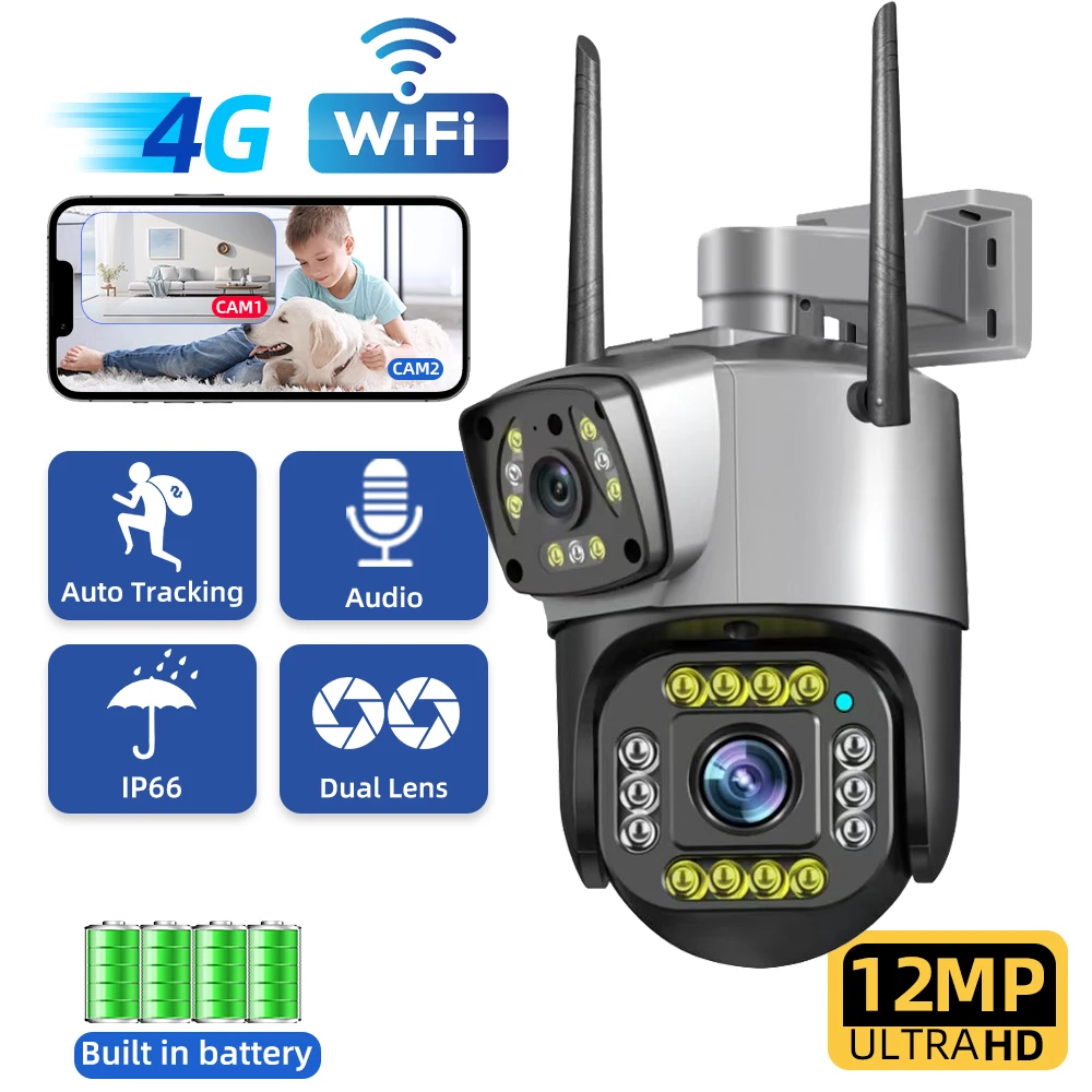 

6K 12MP Outdoor 4G SIM PTZ Security Camera Dual Lens Wireless PIR Motion Detection HD Night Vision V380 Pro CCTV Protection