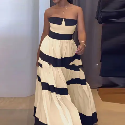레이디 섹시한 Strapless 민소매 파티 드레스 패션 스트라이프 인쇄 스윙 이브닝 드레스 2025 우아한 우아한 Hight 허리 롱 드레스