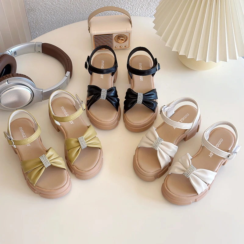 

2025 Summer New Children Sandals for Girls Fashion Rhinestone Bowknot Thick-soled Anti-slippery Platform Open-toe Kid Beach Shoe