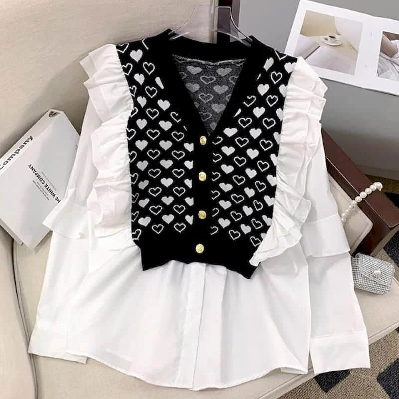 Hemden für Frauen V-Ausschnitt koreanische Mode übergroße Bluse gestrickt Patchwork gefälschte zweiteilige Volant lang ärmel ige lässige Frauen Tops