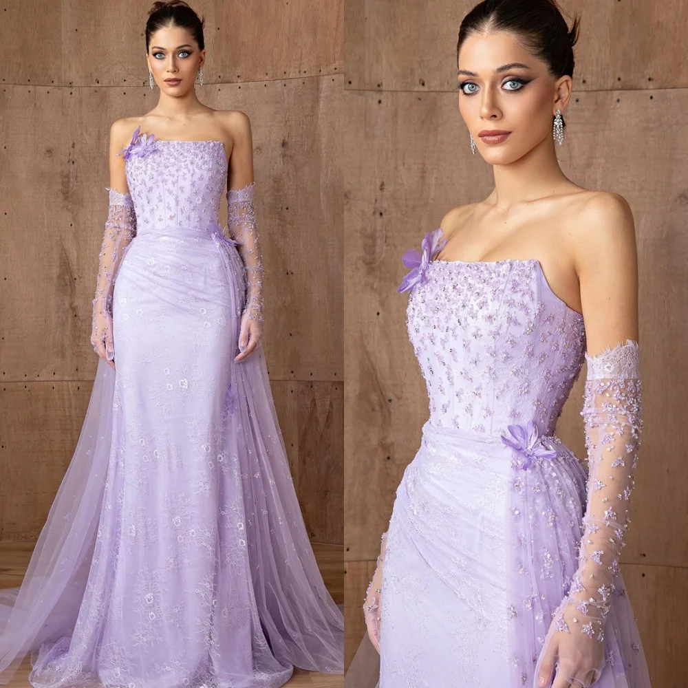 

Customized Elegant Purple Tulle Evening Dresses Fashion Strapless Celebrity Gowns Luxury Lace Up Back Special Occasion Gowns