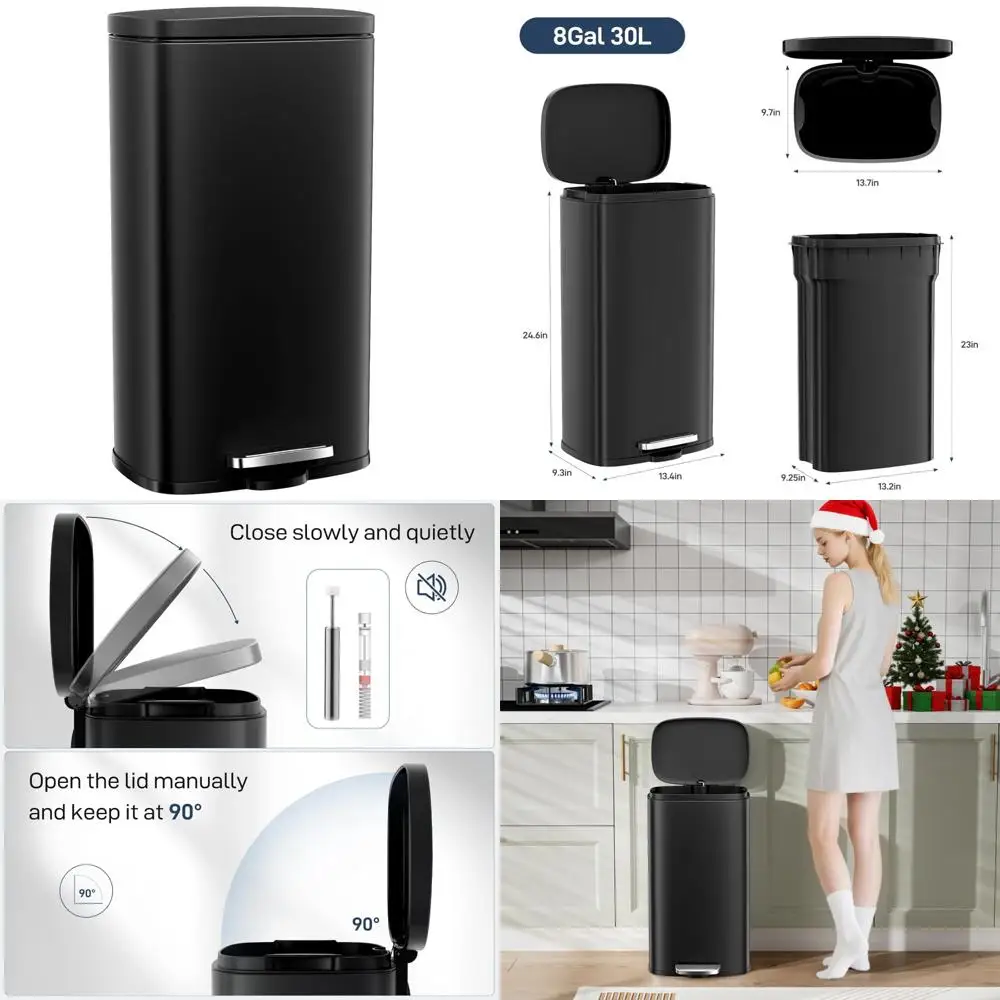 

Stainless Steel 8 Gallon Soft-Close Trash Can with Removable Inner Bucket for Easy Cleaning and Waste Disposal