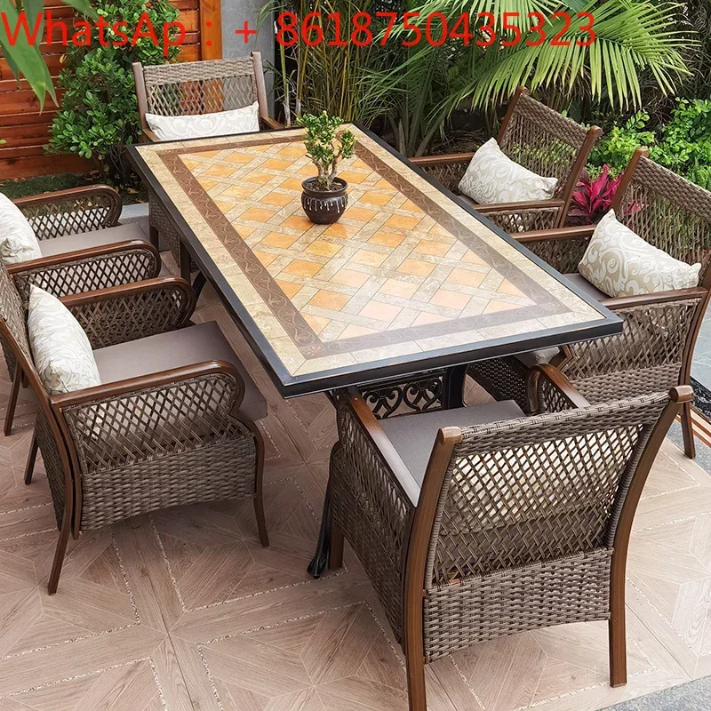 

Outdoor tables and chairs Nordic high-end courtyard tile tables woven rattan chairs household garden tables and chairs