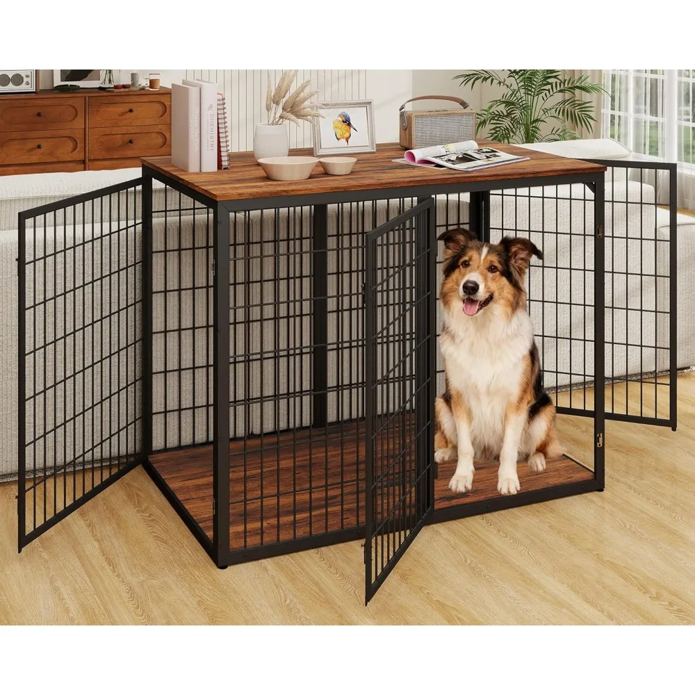 

48" Dog Crate Furniture for Medium Large Dogs,Large Dog Kennel Indoor with 3 Doors, Wooden Dog Cage, Brown