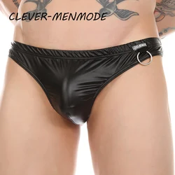 Men's Sexy PU Elastic Thong Soft Seamless Penis Bag Panties Metal Ring Decorative Underwear Men G-String Sissy Bikini