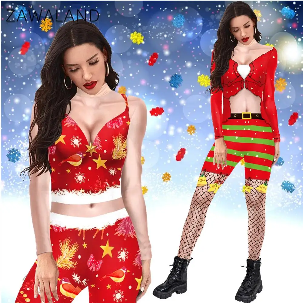 Zawaland Women Xmas Dress Pattern Bodysuit Zentai Suit 3D Print Christmas Holiday Cosplay Costume Female Clothes Sexy Catsuit