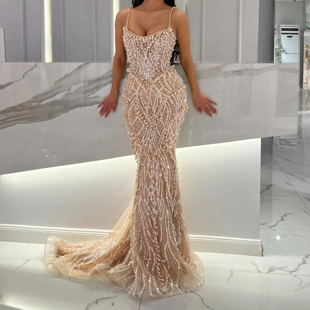 

Luxury champagne mermaid Evening Dresses beading lace dubai arab red carpet gown pearls straps Formal Prom dress Customized