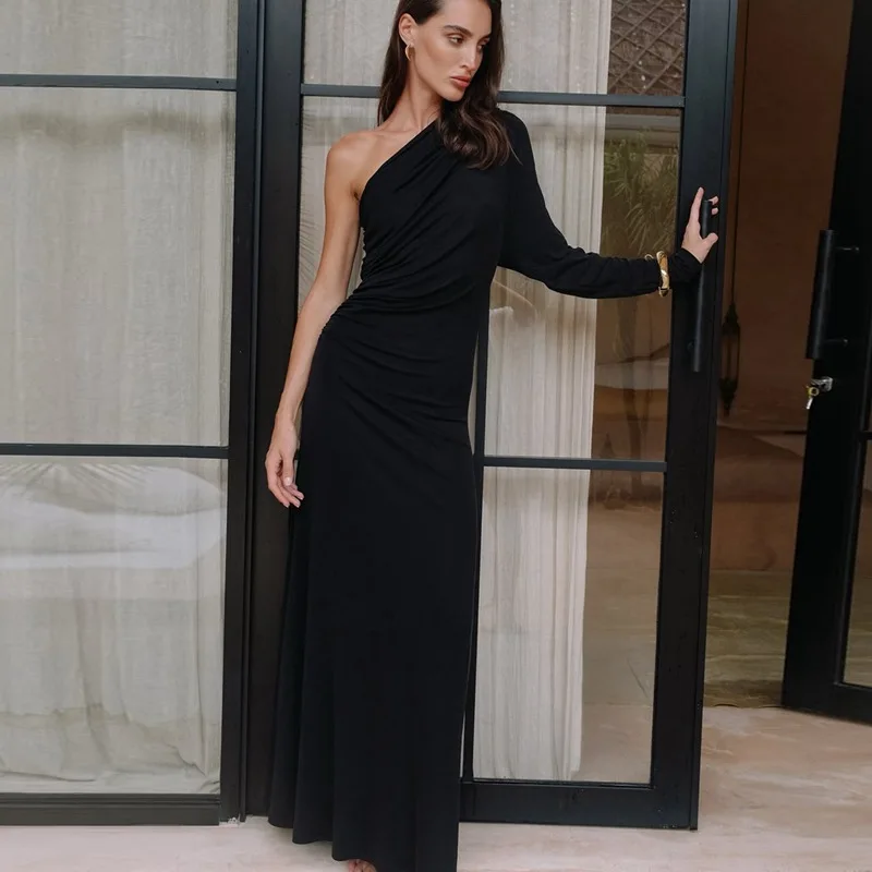

Ticketsx Sexy Diagonal Collar Ruched Long Dress Women One Shoulder Long Sleeve Dress Solid Autumn Evening Party Prom Dress