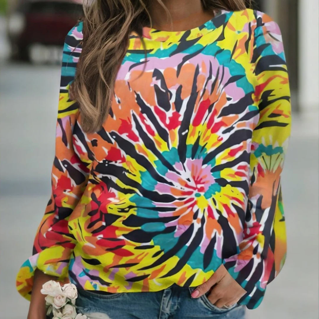 

Tie-dye Women's Long-sleeved T-shirt Casual Round Neck Top T-shirt 3D Printing Elements Four Seasons Universal Women's Clothing