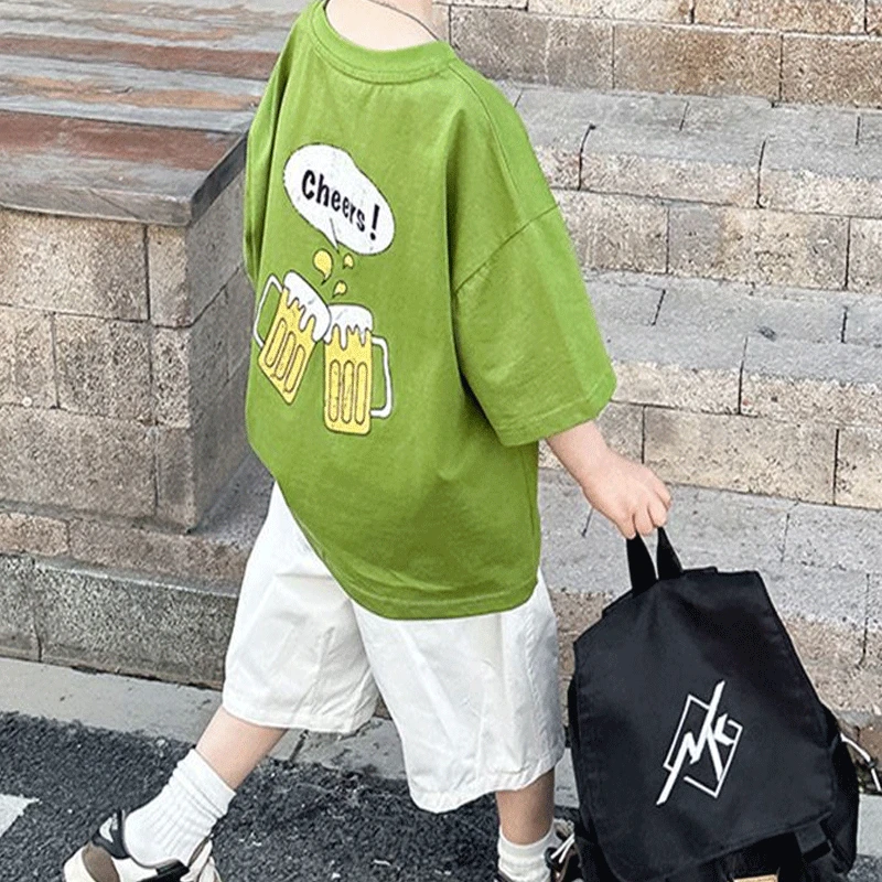 Boys Clothing Short Sleeve Round Neck Summer 2023 New Children Cotton Fun Wine Cup Printed Trend Fashion Casual Loose T-shirt