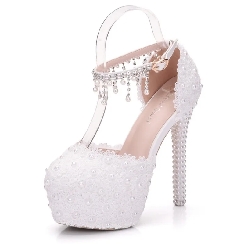 Sandálias de strass de toe redondo para mulheres, sapatos de festa, cordão, fivela, PU, saltos finos, moda senhora, branco, 14cm