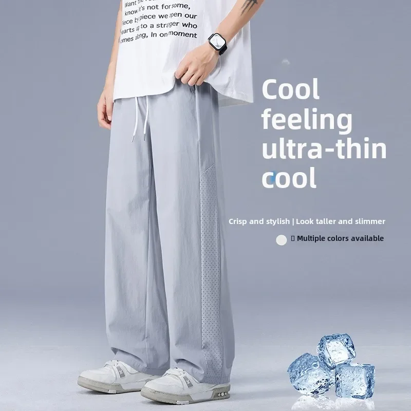 

Быстросохнущие повседневные брюки из ледяного шелка для мальчиков, новинка лета 2024, прямые брюки, мужские рабочие брюки, мешковатые спортивные штаны, мужские беговые брюки