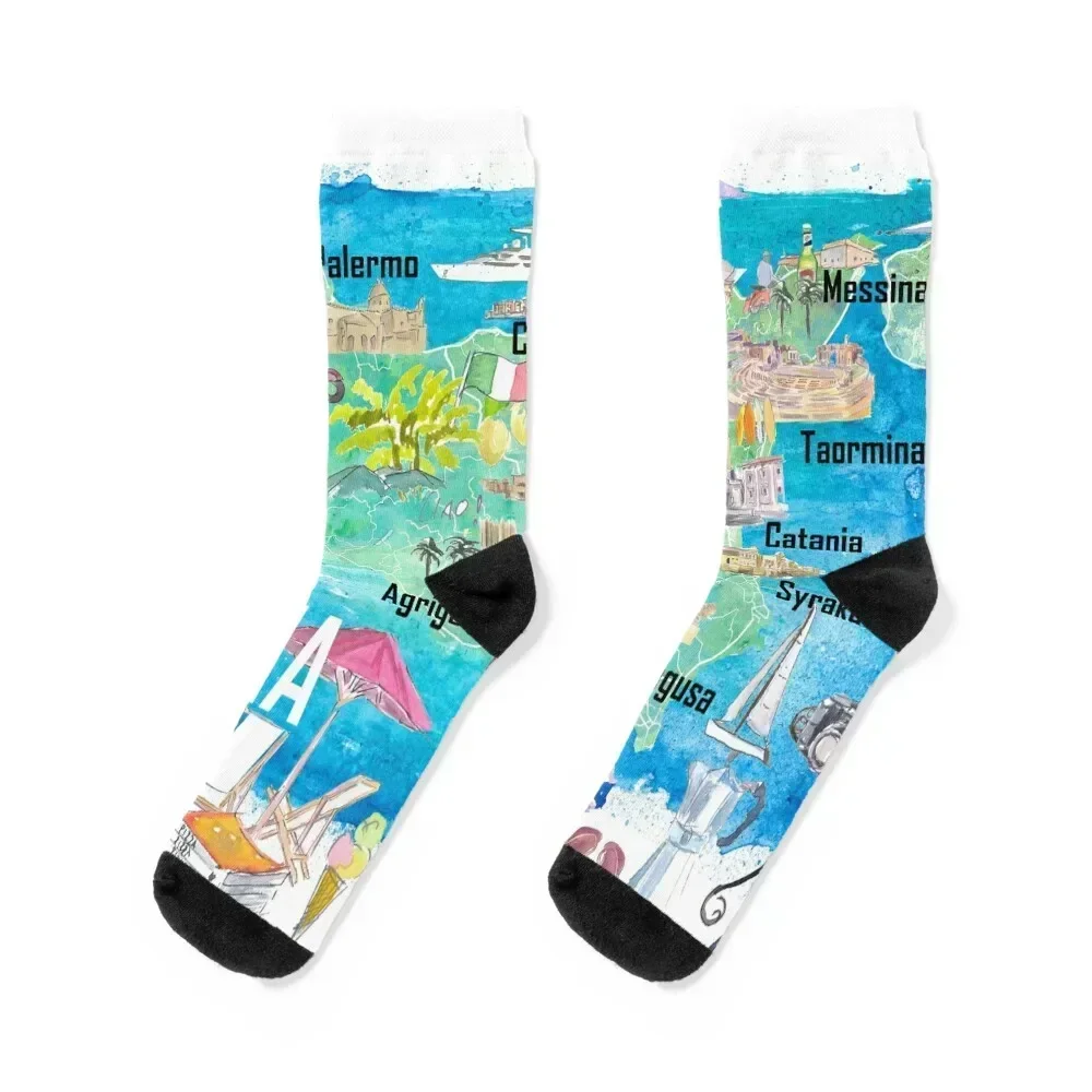 

Sicily Italy Illustrated Travel Map with Roads and Tourist Highlights Socks tennis Stockings Sports Men's Socks Women's