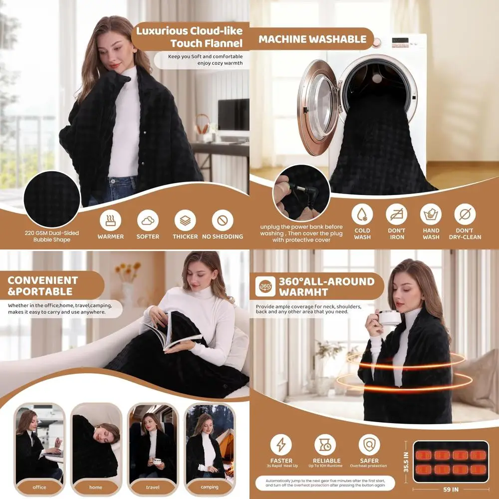 

Portable 20000mAh Battery-Powered Heated Blanket, 59x35.5, 3 Temperature Settings, Black