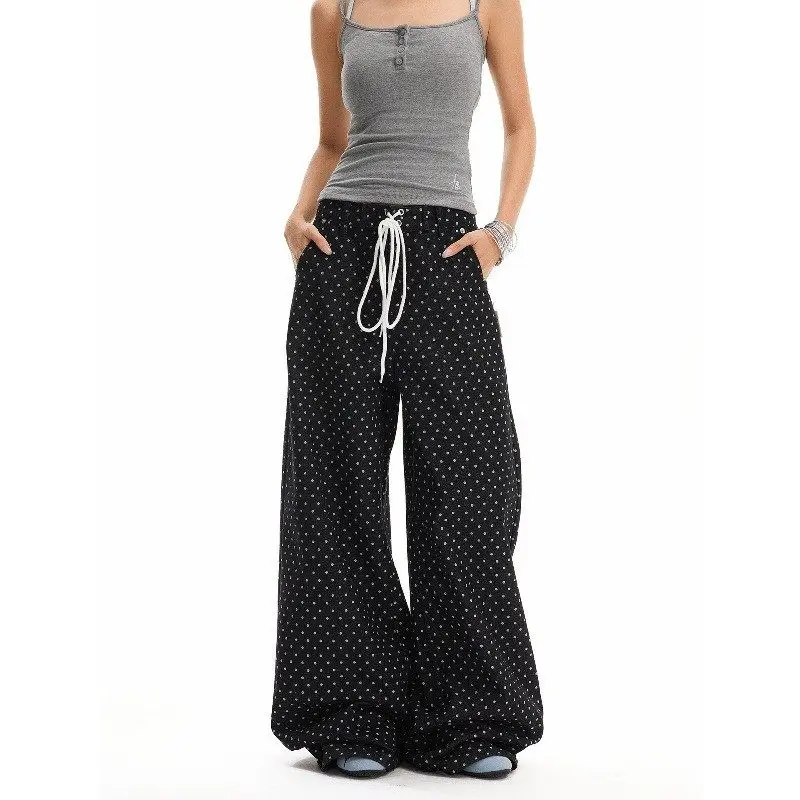 

American Lazy Polka Dot Dstring Jeans Retro Loose Wide Leg CleanFit Straight Tube Floor-Length Pants Universal Women's Jeans